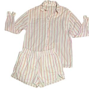 Fabletics Striped 2-Piece Lounge Set Pink Orange White Button Down Shorts Size L